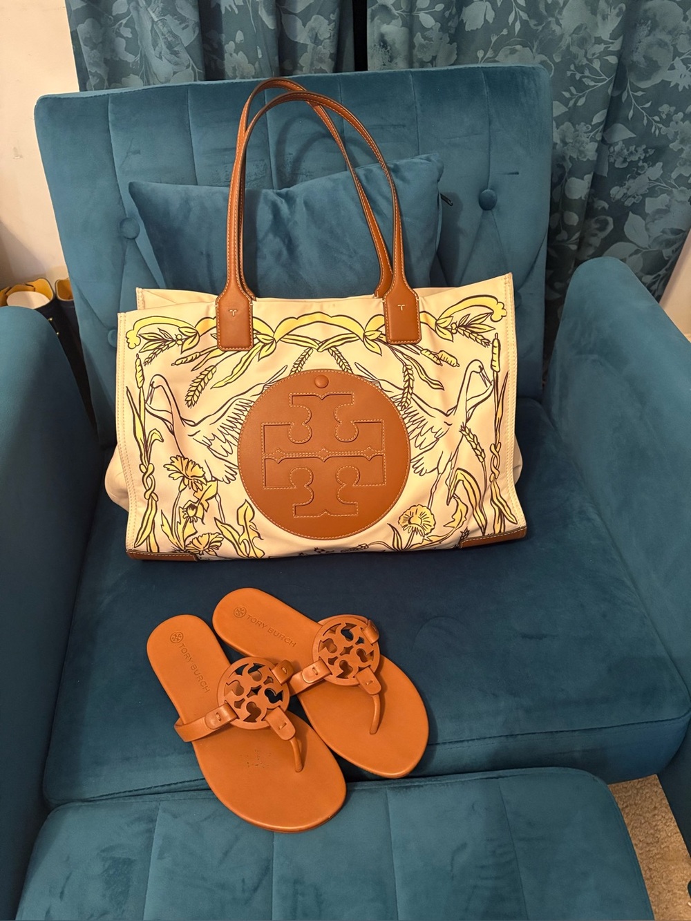 Tory Burch Cream and Tan Printed Nylon Tote with Leather Trim - *Tote bag only*
